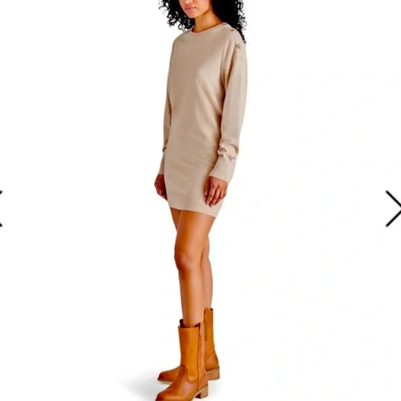 Steve Madden Button Shoulder long sleeve sweater dress oatmeal tan L NWT - Picture 1 of 13